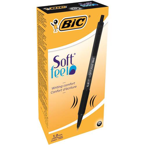 Bic SoftFeel Clic Pen Retractable Rubberised Barrel Med 1.0mm Tip 0.32mm Line Black Ref 837397 [Pack 12] Bic