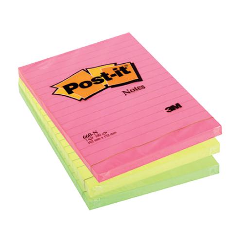 Post-it Notes Large Format Notes Feint Ruled Pad of 100 Sheets 101x152mm Rainbow Colour Ref 660N [Pack 6] 3M