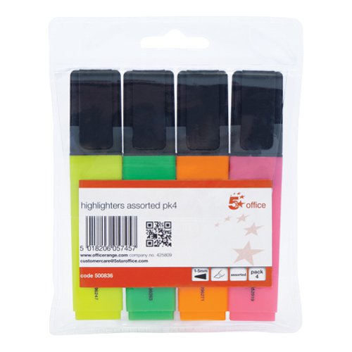 5 Star Office Highlighter Chisel Tip 1-5mm Line Wallet Assorted [Pack 4]