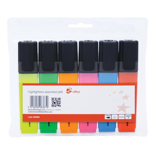 5 Star Office Highlighter Chisel Tip 1-5mm Line Wallet Assorted [Pack 6]