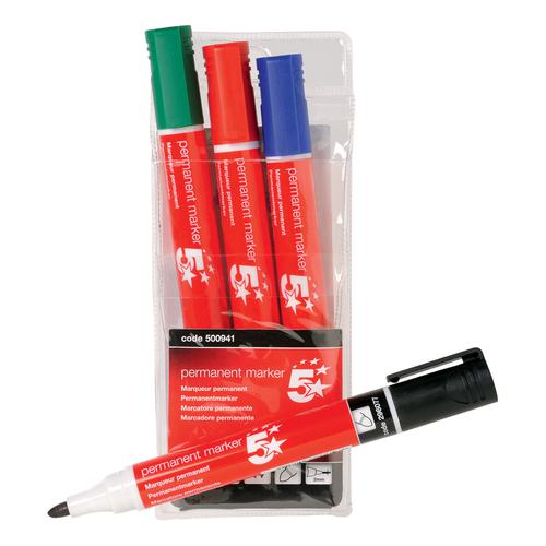 5 Star Office Permanent Marker Xylene/Toluene-free Smear proof Wallet Bullet Tip 2mm Line Asstd [Pack 4] 500941 Buy online at Office 5Star or contact us Tel 01594 810081 for assistance