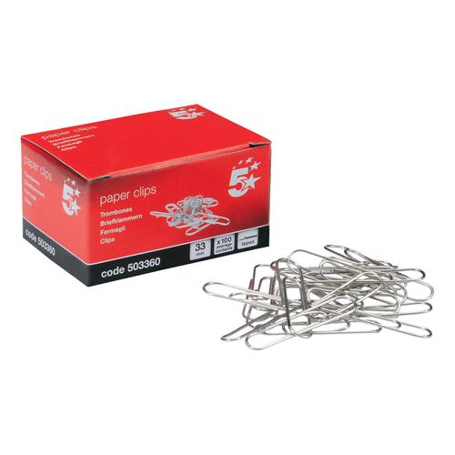 5 Star Office Paperclips Metal Large Length 33mm Lipped Plain [Pack 10x100]