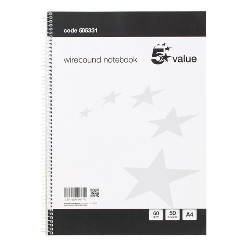 5 Star Value Wirebound Notebook 60gsm Ruled 100 Pages A4 Black & White [Pack 10]