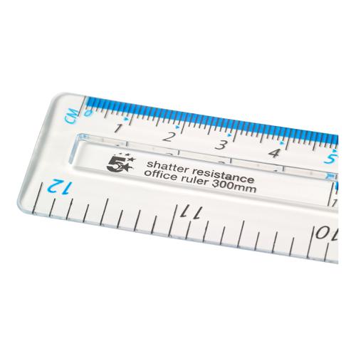 5 Star Office Ruler Plastic Shatter-resistant Metric and Imperial Markings 300mm Clear The OT Group