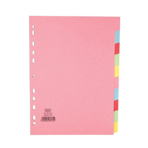 Elba Subject Dividers 10-Part Card Multipunched Recyclable 160gsm A4 Assorted Ref 400007246 801402 Buy online at Office 5Star or contact us Tel 01594 810081 for assistance