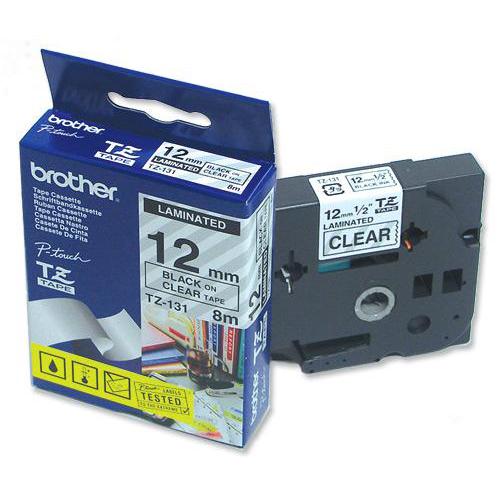 Brother P-touch TZE Label Tape 12mmx8m Black on Clear Ref TZE131 Brother