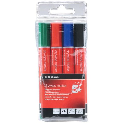 5 Star Office Drywipe Marker Xylene/Toluene-free Bullet Tip 3mm Line Wallet Assorted [Pack 4]