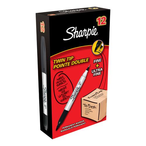 Sharpie Twin Tip Permanent Marker Alcohol-based 0.9mm and 0.5mm Line Black Ref S0811100 [Pack 12] Newell Rubbermaid