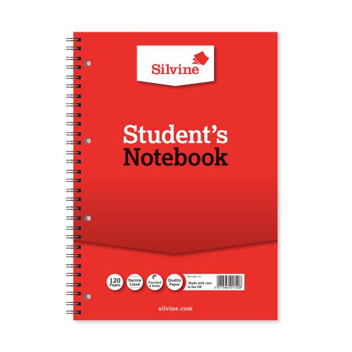 Silvine Student Notebook Wirebound 75gsm Narrow Ruled Punched 4 Holes 120pp A4 Red Ref 141 [Pack 12] Sinclairs