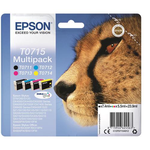 Epson T0715 IJCartCheetah 495pp Blk 7.4ml/495pp Cyan/280pp Mag/480pp Yel 5.5ml Ref C13T07154012 [Pack 4] 845132 Buy online at Office 5Star or contact us Tel 01594 810081 for assistance