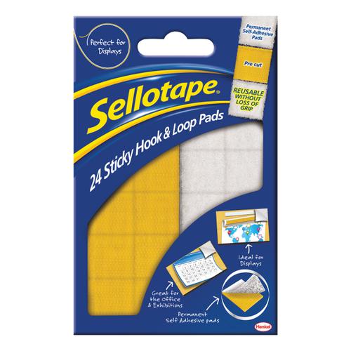 Sellotape Permanent Sticky Hook and Loop Pads 24 Sets 20x20mm Ref 1445176