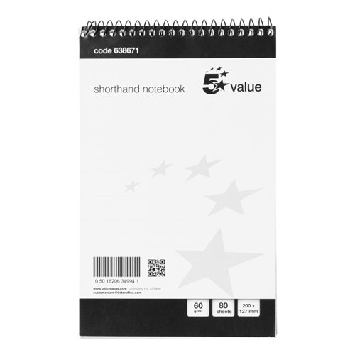 5 Star Value FSC Shorthand Pad Wirebound 60gsm Ruled 160pp 127x200mm Black & White [Pack 10]