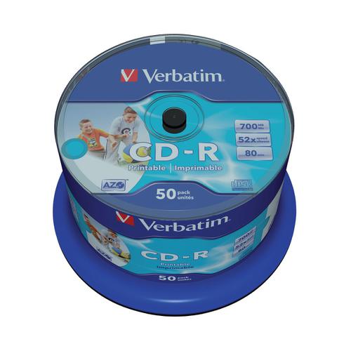 Verbatim CD-R Recordable Disk Inkjet Printable on Spindle 52x Speed 80min 700Mb Ref 43438 [Pack 50]  712782