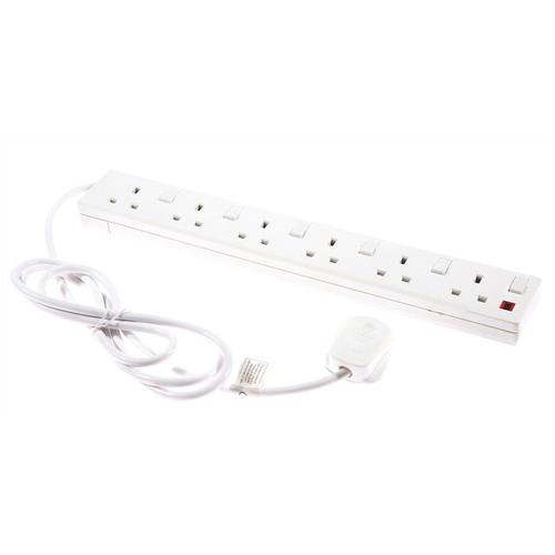 Individually Switched 6 Way Gang UK Mains Extension Lead White  2m 
