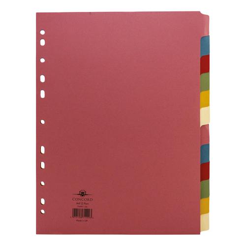 Concord Subject Dividers 12-Part Multipunched 160gsm A4 Assorted Ref 71499/J14