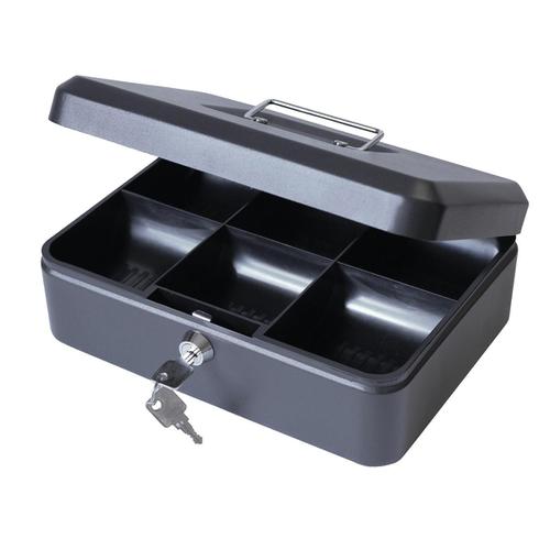 Cash Box with Lock & 2 Keys Removable Coin Tray 10 Inch W250xD180xH70mm Black