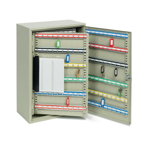 729335 | This key cabinet is the ideal choice for keeping shared keys securely locked away in your business or organisation. Made from steel with a grey coated finish, the cabinet helps keeps your keys secure behind a cylinder lock. Inside, there are metal key hanger strips that let you store the keys. Also supplied with index sheets, a key labelling kit and key fobs to help you organise your keys more efficiently.Consumer Delivery Expectation: Next working day