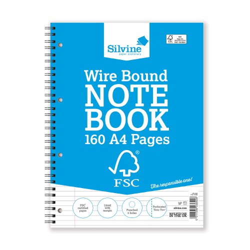 Silvine FSC Notebook Wirebnd 56gsm Ruled Margin Perforated Punched 4 Holes 160pp A4 Ref FSCTW80 [Pack 5]