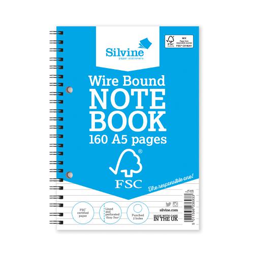 Silvine FSC Notebook Wirebound 56gsm Ruled Perforated 160pp A5 Ref FSCTWA5 [Pack 5] Sinclairs
