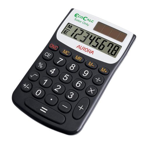 Aurora EcoCalc Handheld Calculator 8 Digit 4 Key Memory Solar Power Recycled 62x9x102mm Black Ref EC101