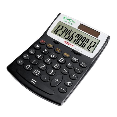 Aurora EcoCalc Desktop Calculator 12 Digit 3 Key Memory Recycled Solar Power 128x31x180mm Black Ref EC707