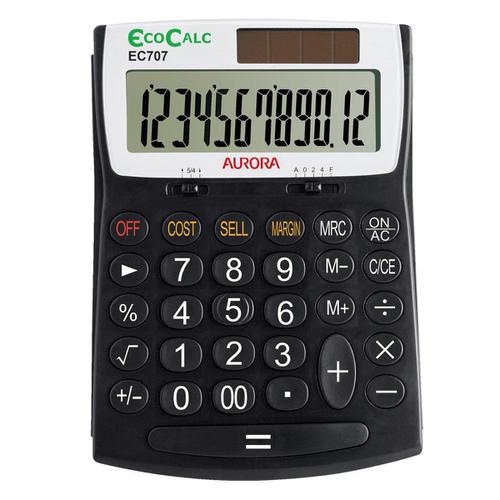 Aurora EcoCalc Desktop Calculator 12 Digit 3 Key Memory Recycled Solar Power 128x31x180mm Black Ref EC707  867535