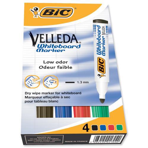 Bic Velleda Marker Whiteboard Dry-wipe 1701 Large Bullet Tip 1.5mm Line Assorted Ref 904941 [Pack 4]