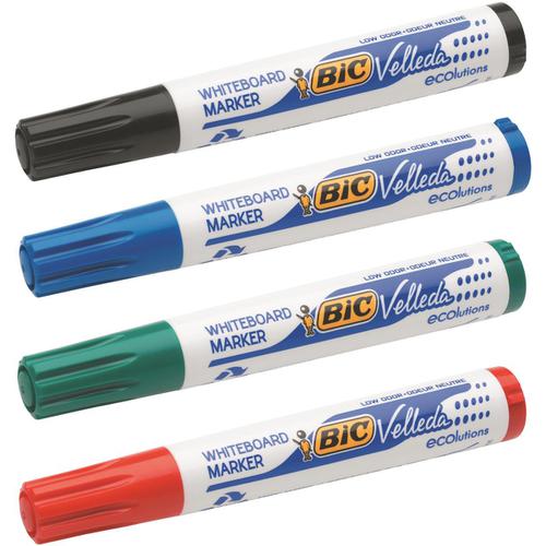 Bic Velleda Marker W/bd Dry-wipe 1751 Large Chisel Tip 3.7-5.5mm Line Width Assorted Ref 904950 [Pack 4]