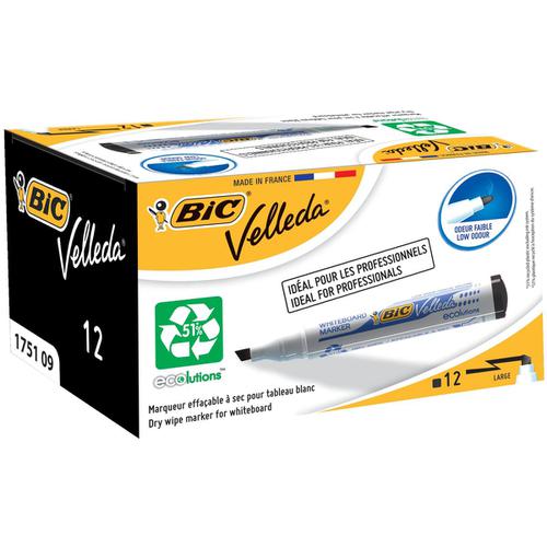 Bic Velleda Marker W/bd Dry-wipe 1751 Large Chisel Tip 3.7-5.5mm Line Width Black Ref 904946 [Pack 12] Bic