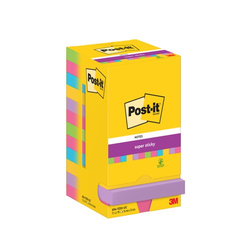 Post-it Super Sticky Removable Notes Pad 90 Sheets 76x76mm Ultra Assorted Ref 654-12SS-UC [Pack 12]