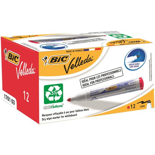 Bic Velleda Marker Whiteboard Dry-wipe 1701 Large Bullet Tip 1.5mm Line Red Ref 904939 [Pack 12]