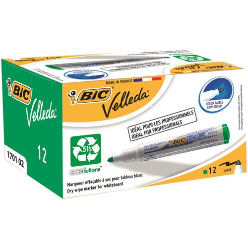 Bic Velleda Marker Whiteboard Dry-wipe 1701 Large Bullet Tip 1.5mm Line Green Ref 904940 [Pack 12]