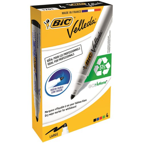 Bic Velleda Marker Whiteboard Dry-wipe 1701 Large Bullet Tip 1.5mm Line Assorted Ref 904941 [Pack 4]