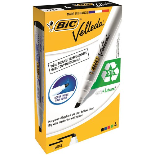 Bic Velleda Marker W/bd Dry-wipe 1751 Large Chisel Tip 3.7-5.5mm Line Width Assorted Ref 904950 [Pack 4]