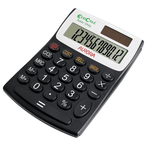 Aurora EcoCalc Desktop Calculator 12 Digit Recycled Solar Powered 98x28x137mm Black Ref EC404