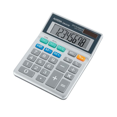 Aurora Semi-desk Calculator 8 Digit 3 Key Memory Battery/Solar Power 102x25x133mm Grey Ref DB453B