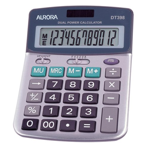 Aurora Semi-desk Calculator 12 Digit 3 Key Memory Battery/Solar Power 103x30x138mm Grey Ref DT398