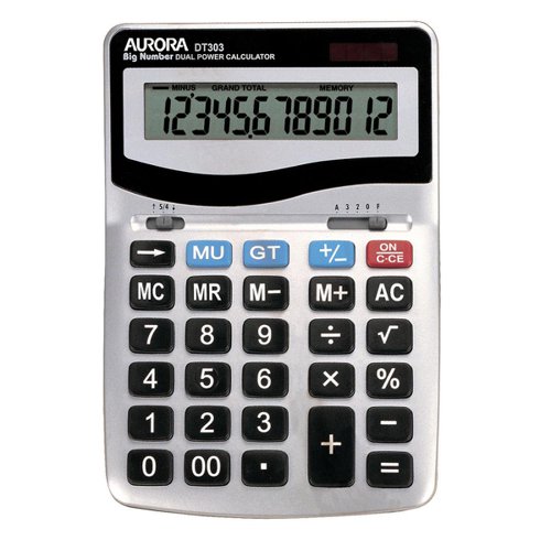 Aurora Desktop Calculator 12 Digit 4 Key Memory Battery/Solar Power 133x35x198mm Silver Ref DT303