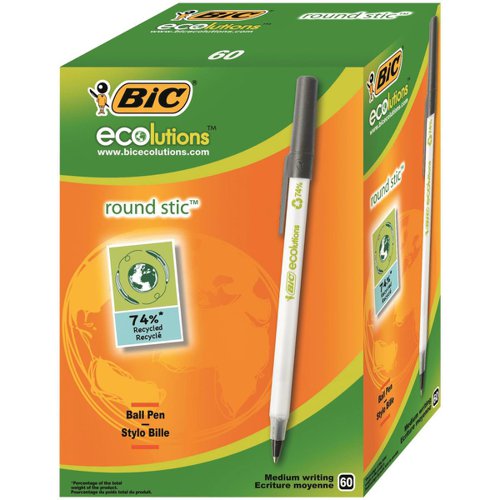 Bic Ecolutions Stic Ball Pen Recycled Slim 1.0mm Tip 0.32mm Line Black Ref 8932393 [Pack 60]