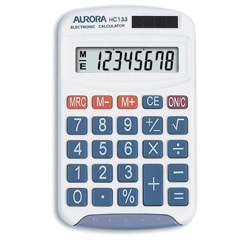 Aurora Handheld Calculator 8 Digit 3 Key Memory Solar and Battery Power 70x15x115mm White Ref 11597J