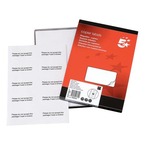 5 Star Office Multipurpose Labels Laser Copier Inkjet 10 per Sheet 105x58mm White [1000 Labels] 905009 Buy online at Office 5Star or contact us Tel 01594 810081 for assistance