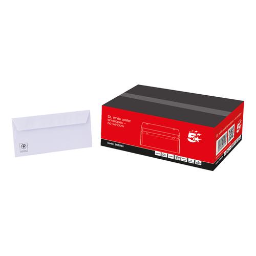 5 Star Office Envelopes PEFC Wallet Peel & Seal 100gsm DL 220x110mm White [Pack 500]