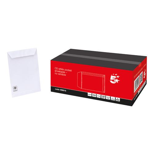 5 Star Office Envelopes PEFC Pocket Peel & Seal 100gsm C5 229x162mm White [Pack 500]