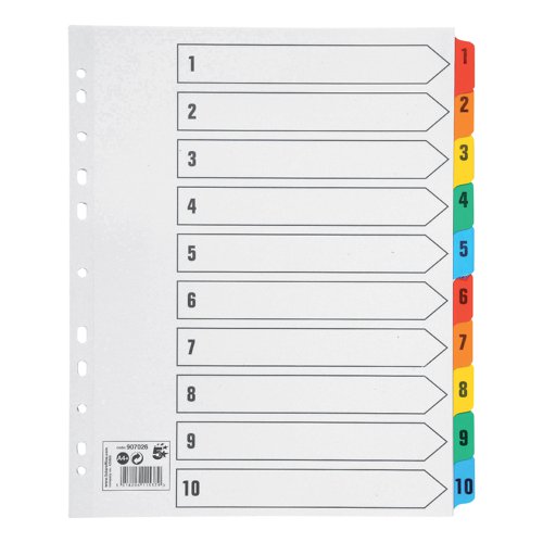 5 Star Office Maxi Index 1-10 Multipunched Mylar-reinforced Multicolour-Tabs 160gsm Extra Wide A4+ White