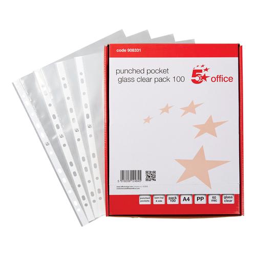 5 Star Office Punched Pocket Polypropylene Top and Side-opening 50 Micron A4 Glass Clear [Pack 100]