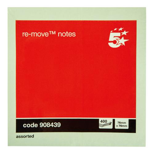5 Star Office Re-Move Notes Cube Pad of 400 Sheets 76x76mm Pastel Rainbow