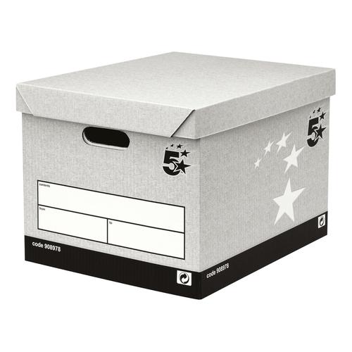 5 Star Office Archive Storage Boxes with Lid Grey for 5 A4 Lever Arch Files FSC Strong Medium 908978 Pk10