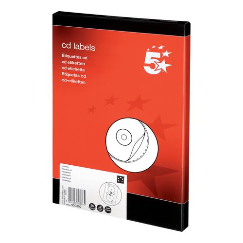 5 Star Office CD Labels Inkjet and Laser Printable 2 per Sheet 117mm Diameter White [50 Labels]  909302