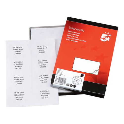 5 Star Office Multipurpose Labels Laser Copier Inkjet 8 per Sheet 99.1x67.7mm White [2000 Labels] 909388 Buy online at Office 5Star or contact us Tel 01594 810081 for assistance