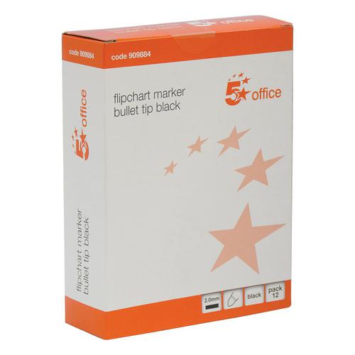 5 Star Office Flipchart Marker Bullet Tip Water-based 2mm Line Black [Pack 12]